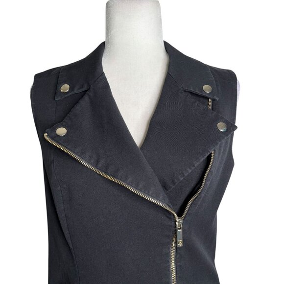 Tommy Hilfiger Black Sleeveless Moto Vest Size Small Gold Zippers Snap Buttons - Picture 2 of 7